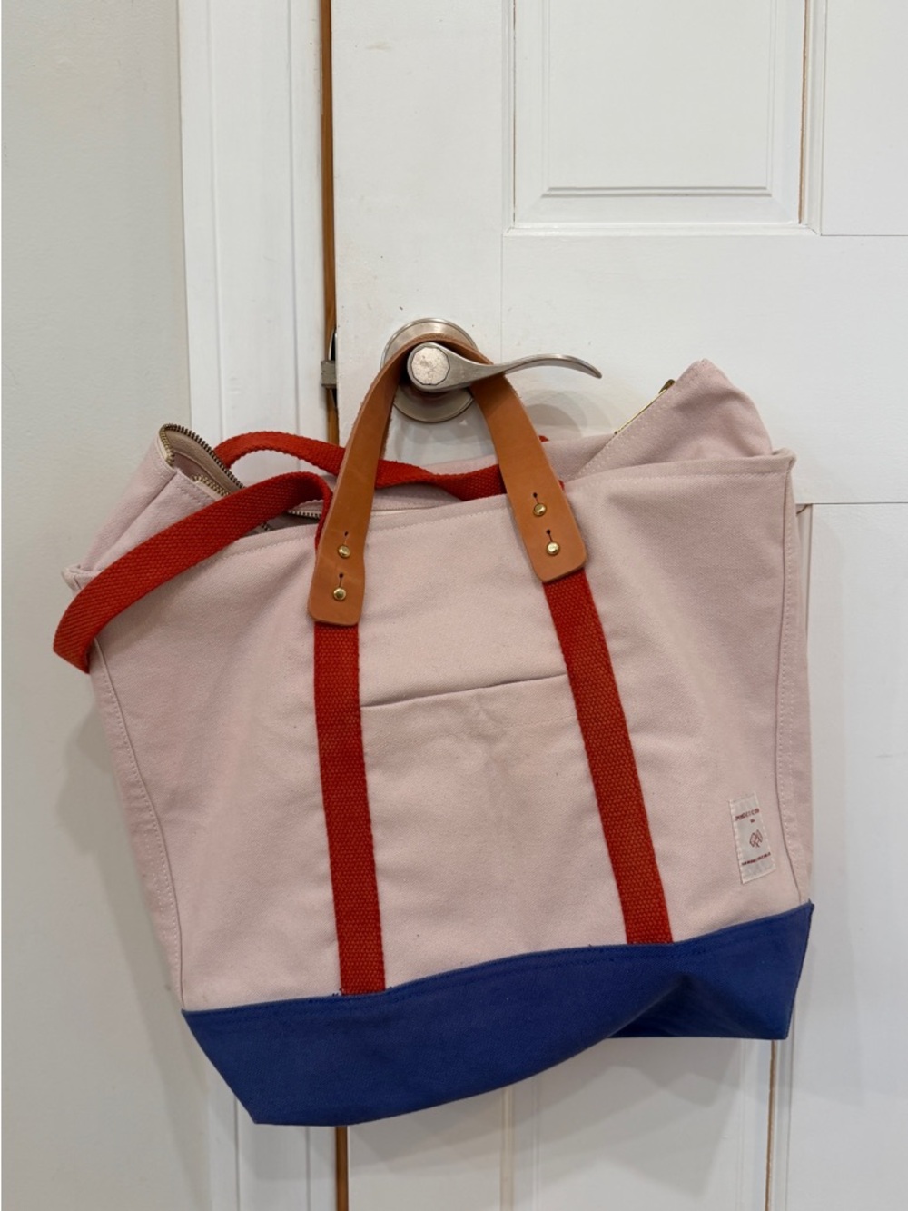Immodest Cotton Small Zip Tote Bag in Light Pink with Navy Base and Red Straps